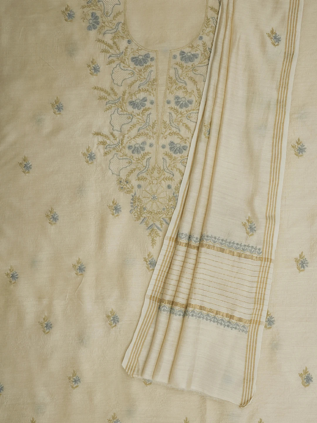 Ada Hand Embroidered Fawn Moonga Silk Lucknowi Chikankari Unstitched Kurta Dupatta Set 01A641536
