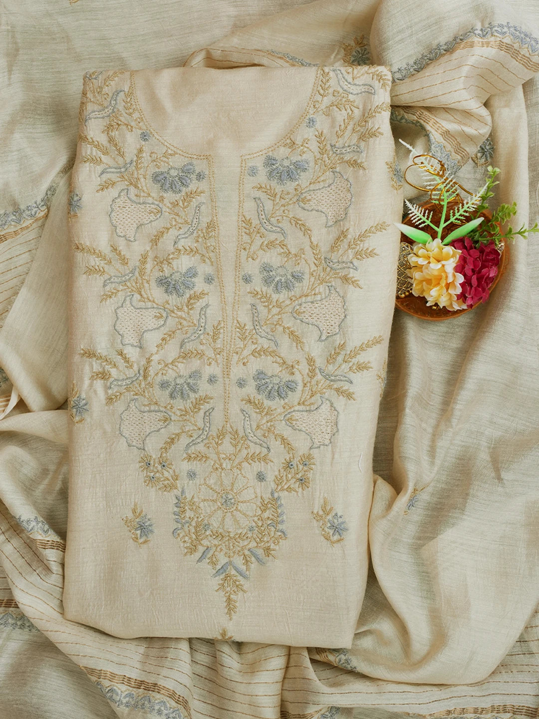 Ada Hand Embroidered Fawn Moonga Silk Lucknowi Chikankari Unstitched Kurta Dupatta Set 01A641536
