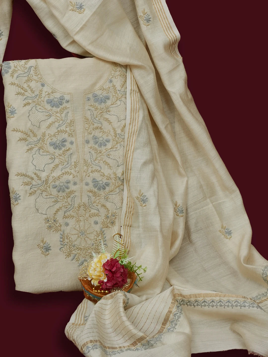 Ada Hand Embroidered Fawn Moonga Silk Lucknowi Chikankari Unstitched Kurta Dupatta Set 01A641536