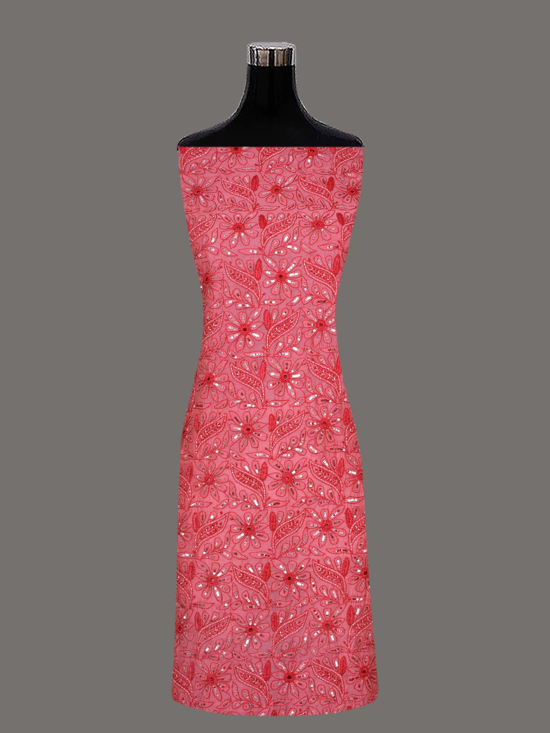 Ada Hand Embroidered Carrot Pink Chanderi Lucknowi Chikankari Unstitched Kurta Dupatta Set 01A535740