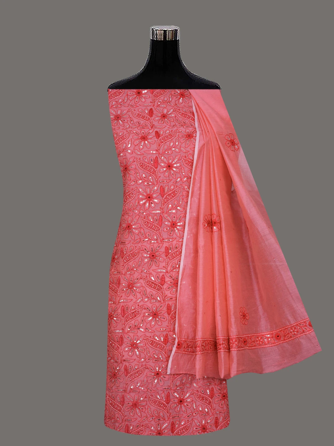 Ada Hand Embroidered Carrot Pink Chanderi Lucknowi Chikankari Unstitched Kurta Dupatta Set 01A535740