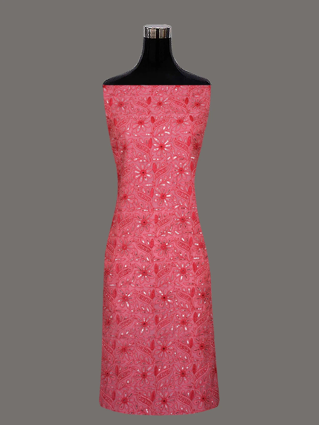 Ada Hand Embroidered Carrot Pink Chanderi Lucknowi Chikankari Unstitched Kurta Dupatta Set 01A535740