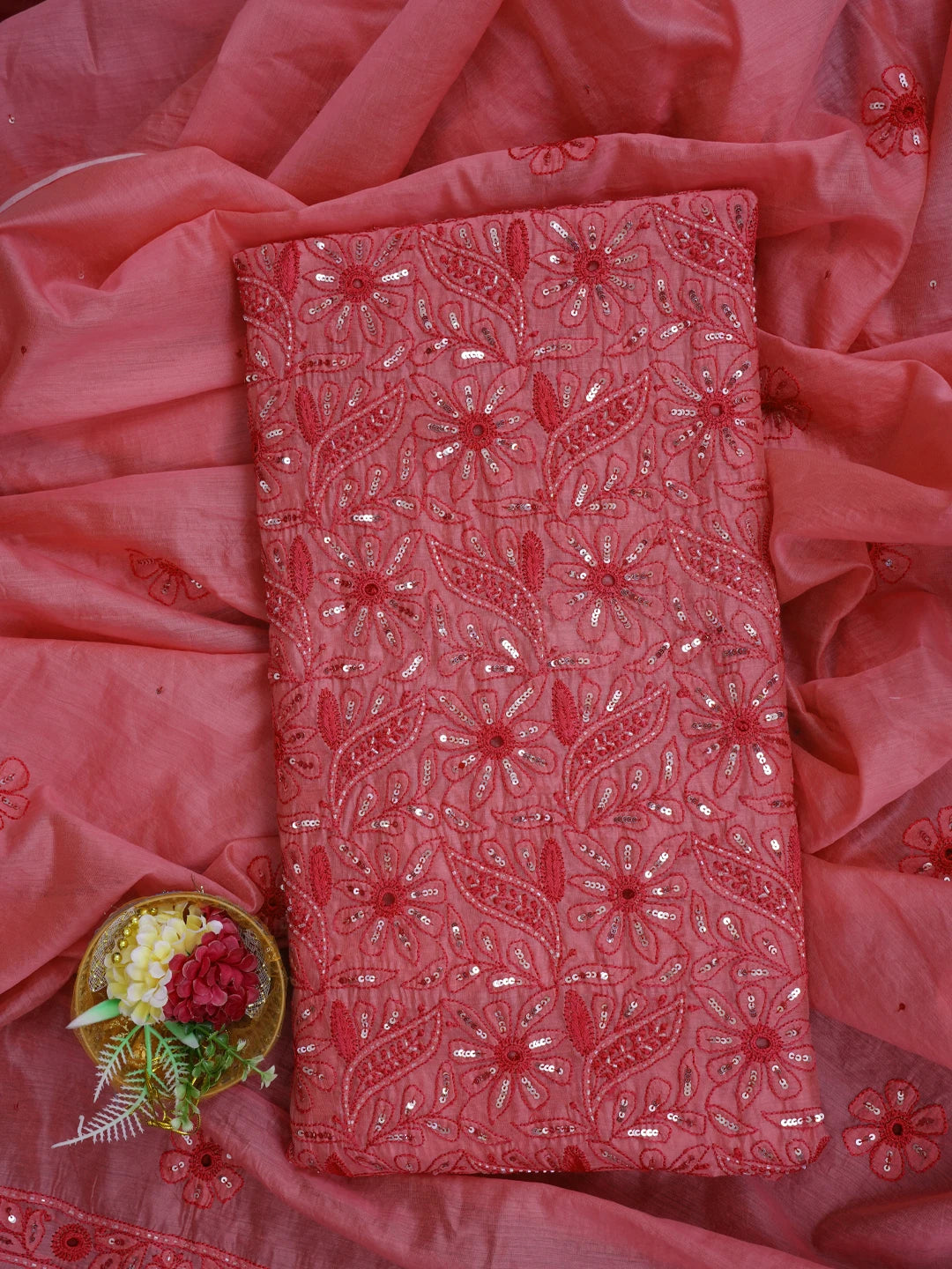 Ada Hand Embroidered Carrot Pink Chanderi Lucknowi Chikankari Unstitched Kurta Dupatta Set 01A535740