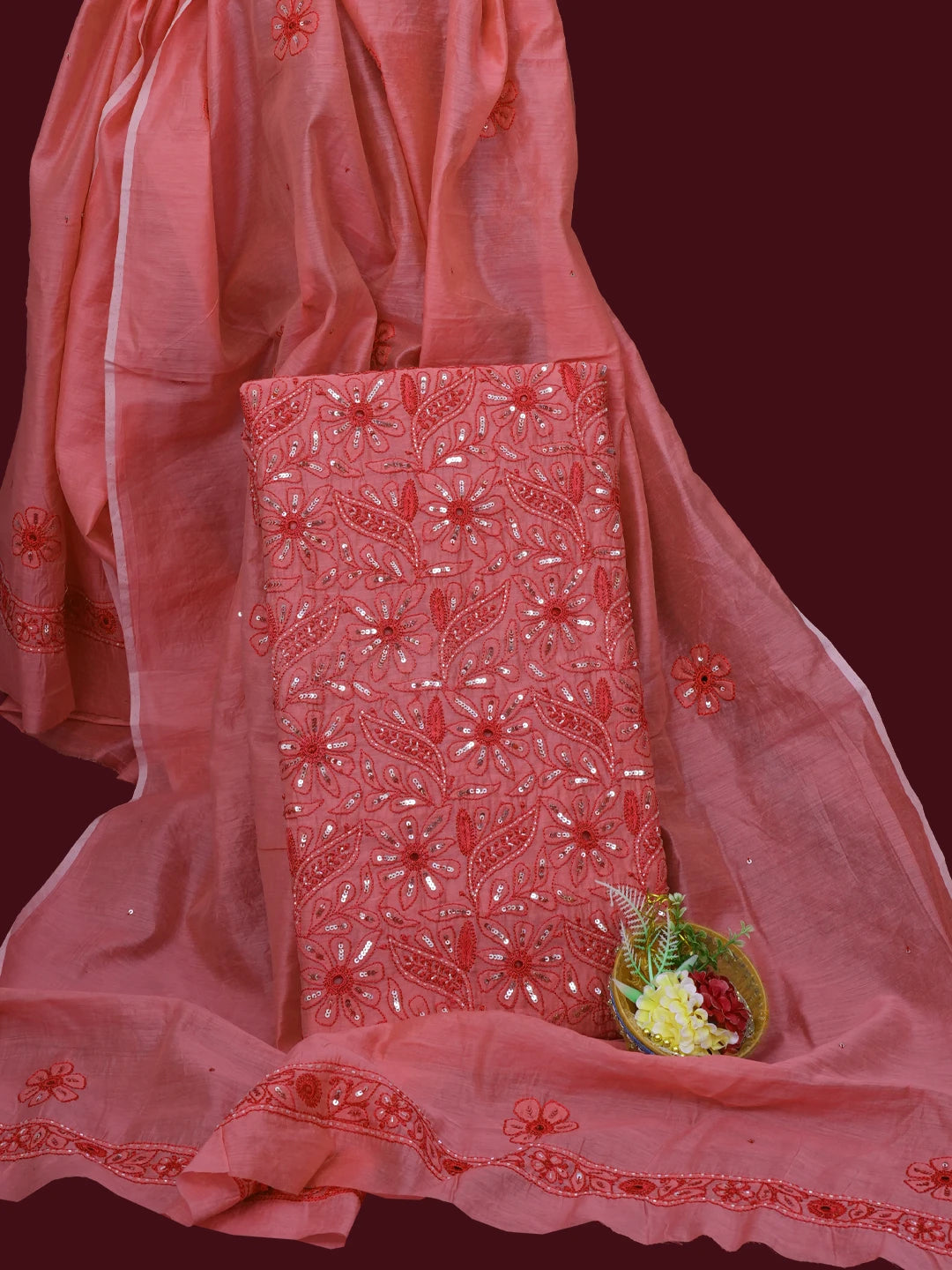 Ada Hand Embroidered Carrot Pink Chanderi Lucknowi Chikankari Unstitched Kurta Dupatta Set 01A535740