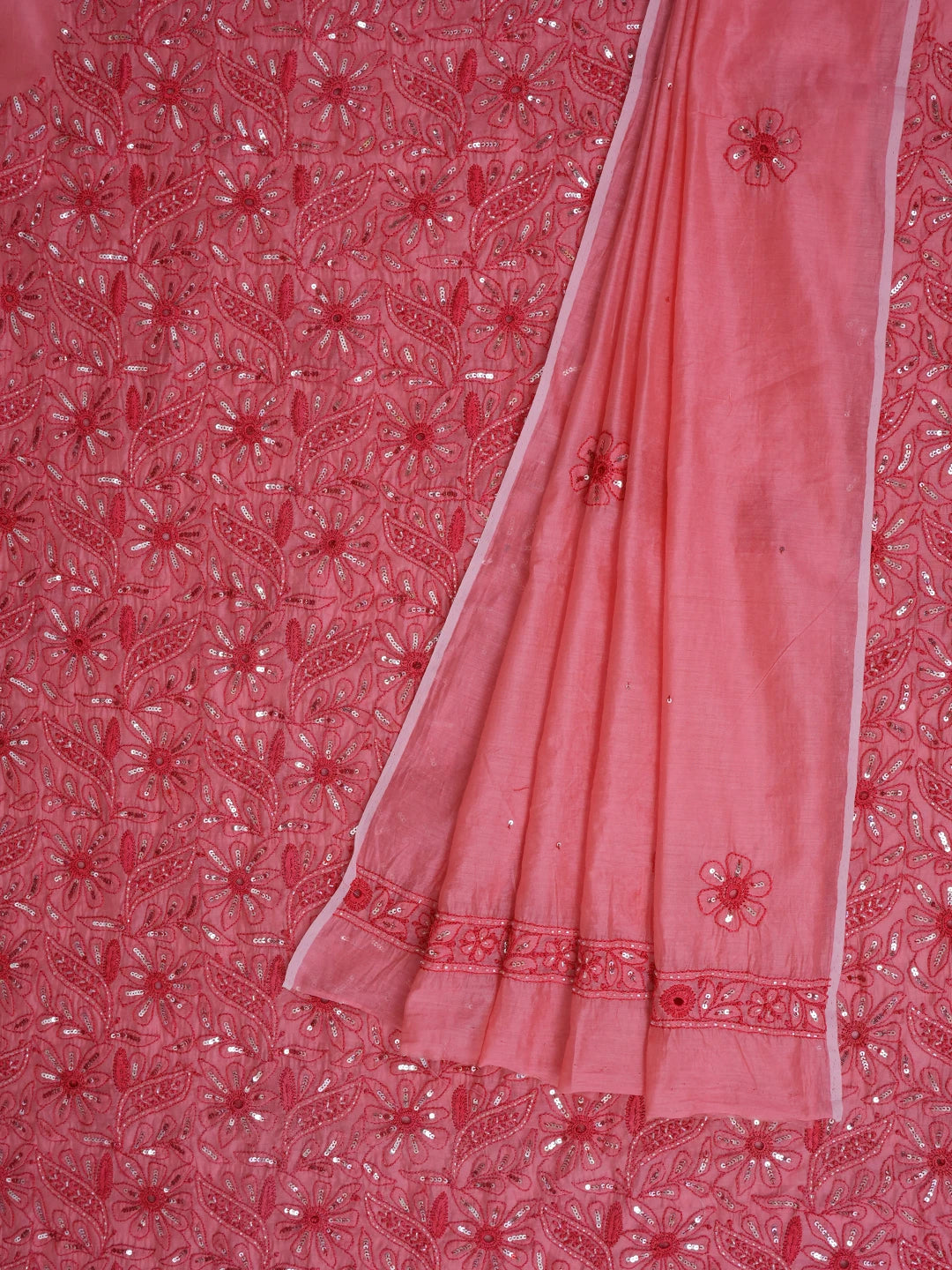Ada Hand Embroidered Carrot Pink Chanderi Lucknowi Chikankari Unstitched Kurta Dupatta Set 01A535740