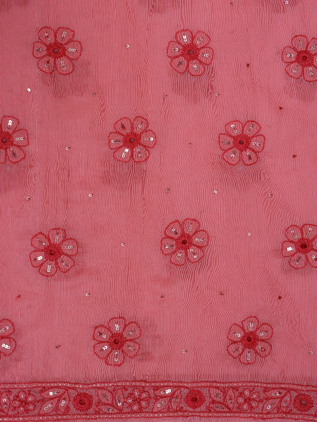 Ada Hand Embroidered Carrot Pink Chanderi Lucknowi Chikankari Unstitched Kurta Dupatta Set 01A535740