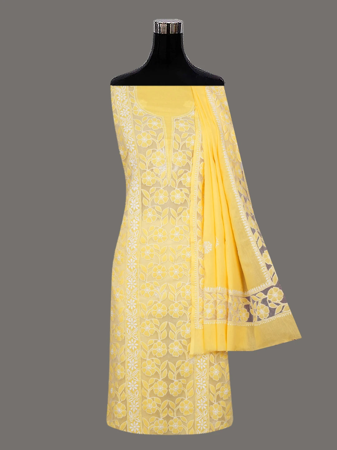 Ada Hand Embroidered Yellow Cotton Lucknowi Chikankari Unstitched Kurta Dupatta Set 01A657569