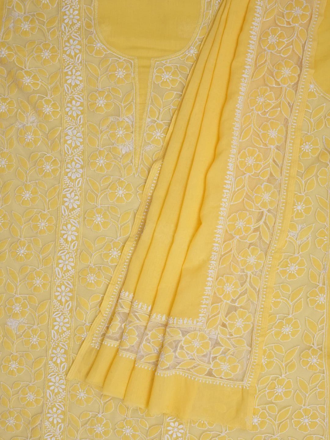 Ada Hand Embroidered Yellow Cotton Lucknowi Chikankari Unstitched Kurta Dupatta Set 01A657569