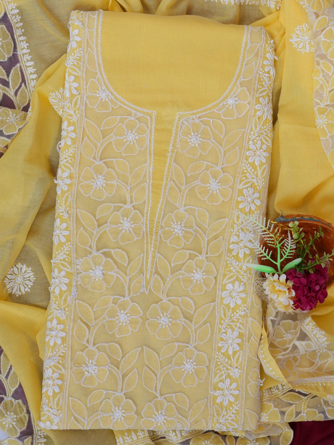 Ada Hand Embroidered Yellow Cotton Lucknowi Chikankari Unstitched Kurta Dupatta Set 01A657569