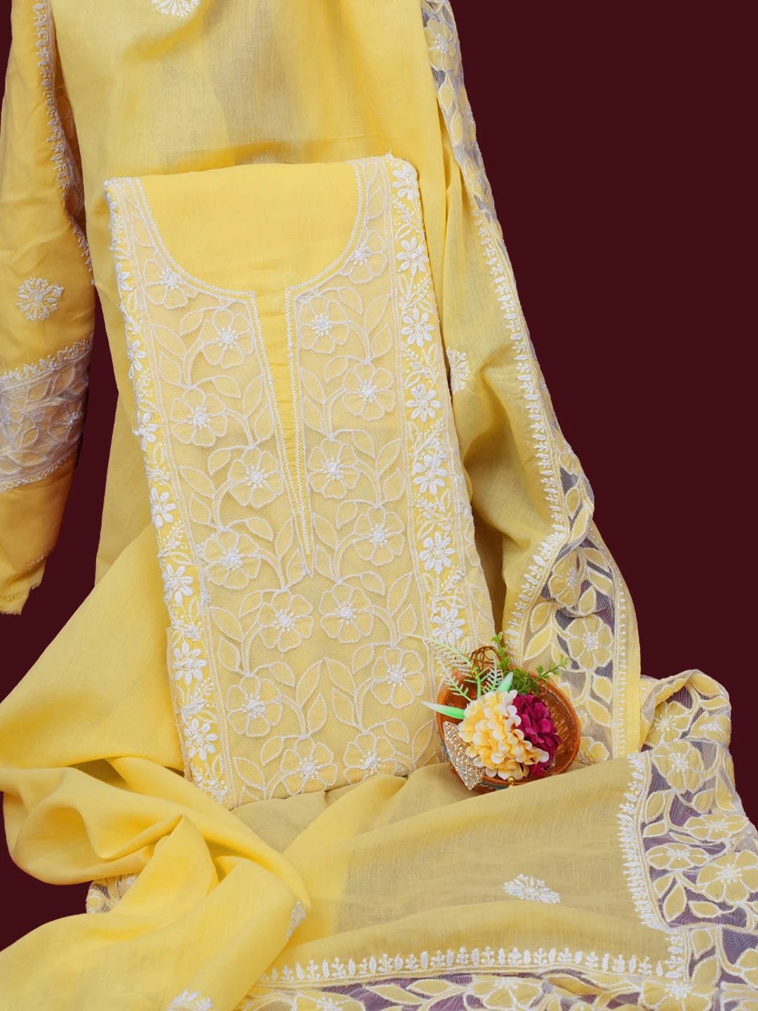Ada Hand Embroidered Yellow Cotton Lucknowi Chikankari Unstitched Kurta Dupatta Set 01A657569