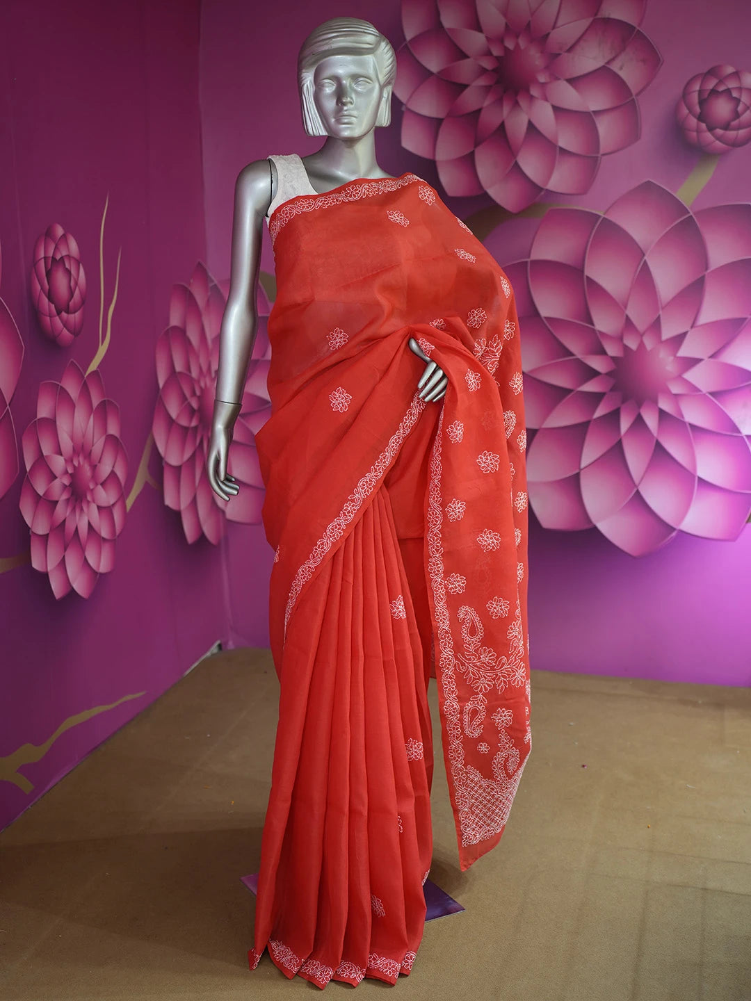 Ada Hand Embroidered Red Cotton Lucknowi Chikankari Saree With Blouse 01A345078