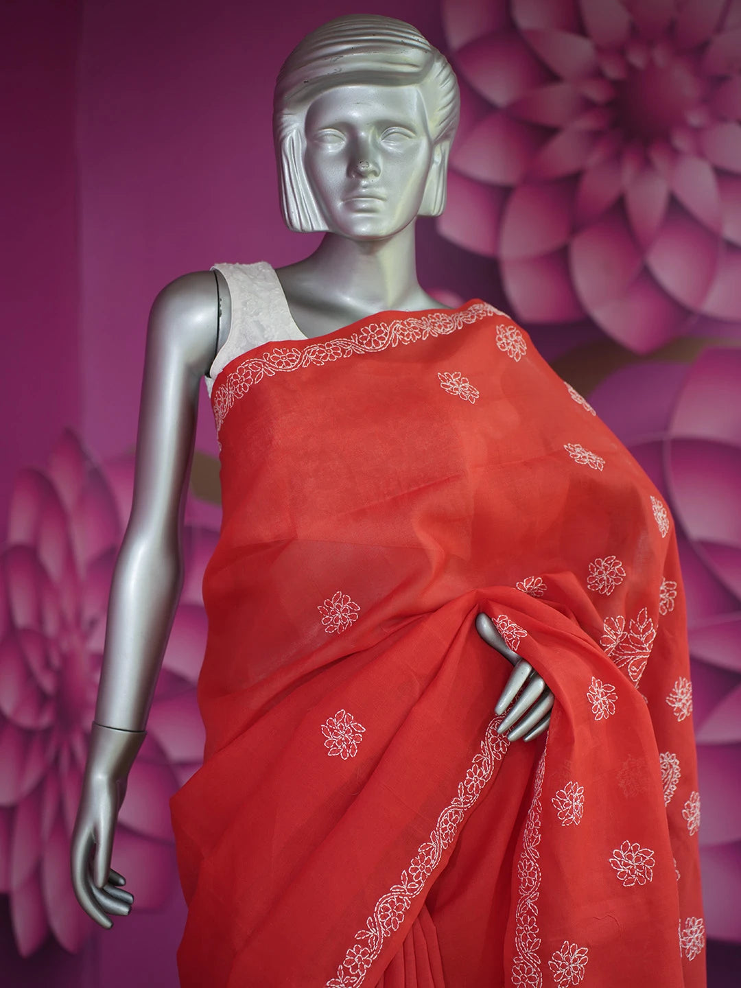 Ada Hand Embroidered Red Cotton Lucknowi Chikankari Saree With Blouse 01A345078