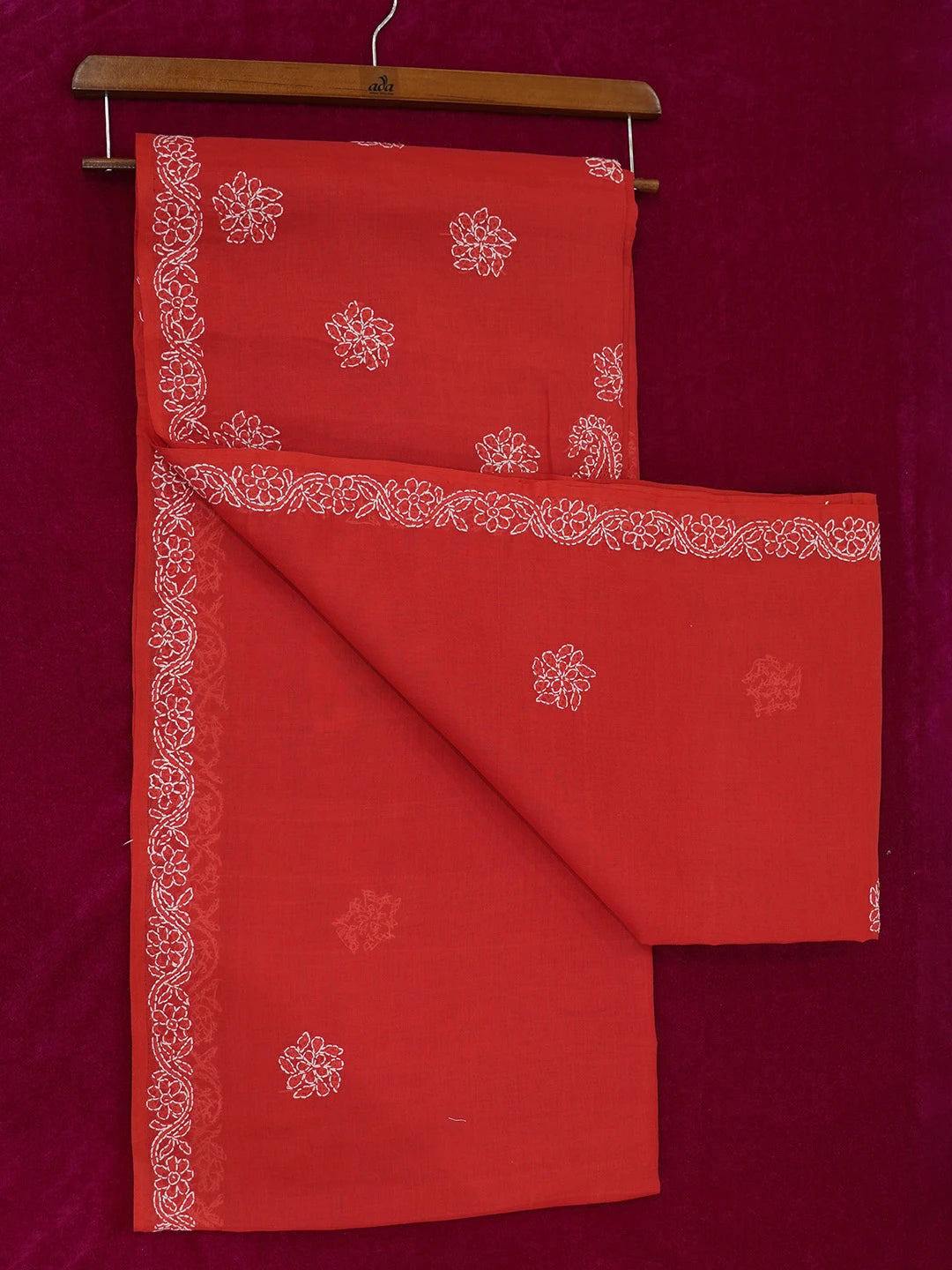 Ada Hand Embroidered Red Cotton Lucknowi Chikankari Saree With Blouse 01A345078