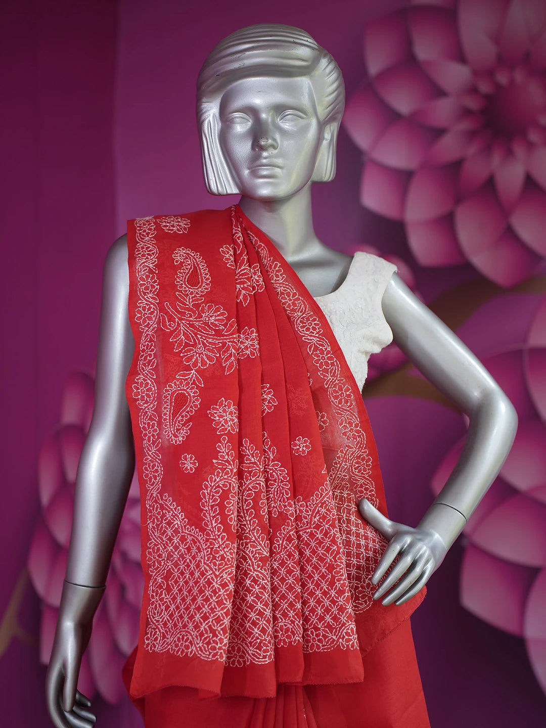 Ada Hand Embroidered Red Cotton Lucknowi Chikankari Saree With Blouse 01A345078