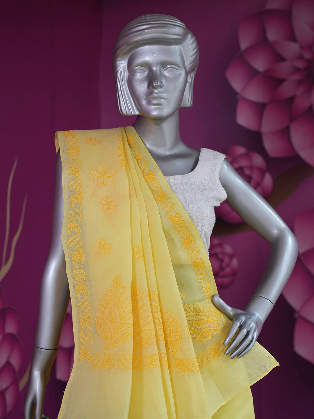 Ada Hand Embroidered Yellow Cotton Lucknowi Chikankari Saree With Blouse 01A583952