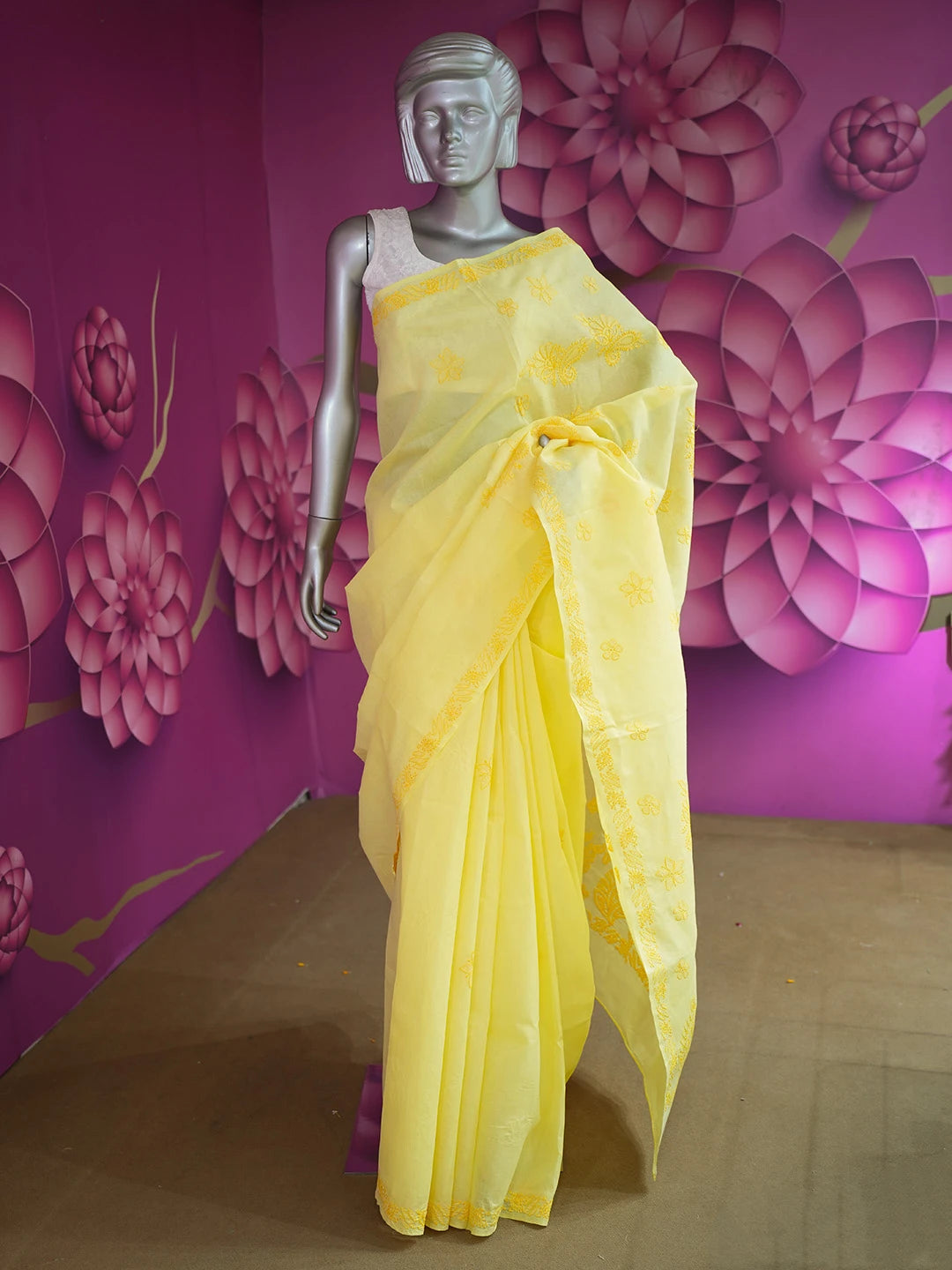 Ada Hand Embroidered Yellow Cotton Lucknowi Chikankari Saree With Blouse 01A583952