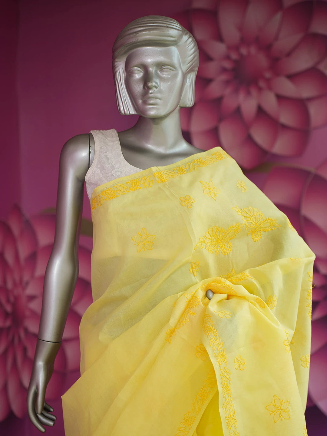Ada Hand Embroidered Yellow Cotton Lucknowi Chikankari Saree With Blouse 01A583952