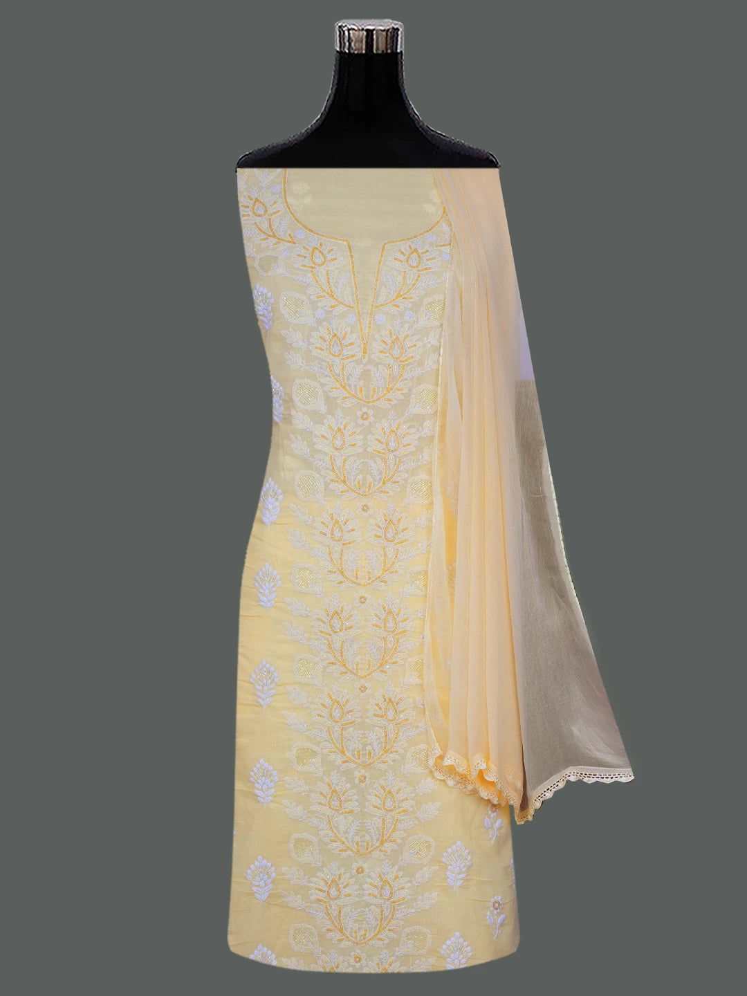 Ada Hand Embroidered Beige Cotton Lucknowi Chikankari Unstitched Suit Piece With Cutdana Work 01A678257