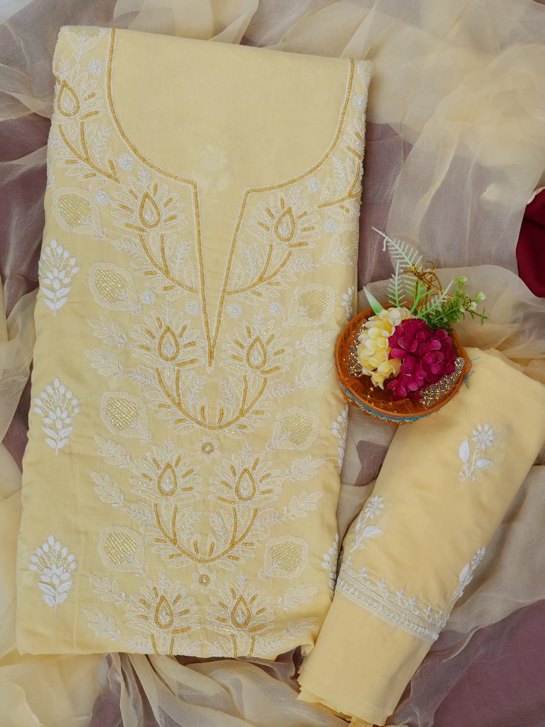 Ada Hand Embroidered Beige Cotton Lucknowi Chikankari Unstitched Suit Piece With Cutdana Work 01A678257
