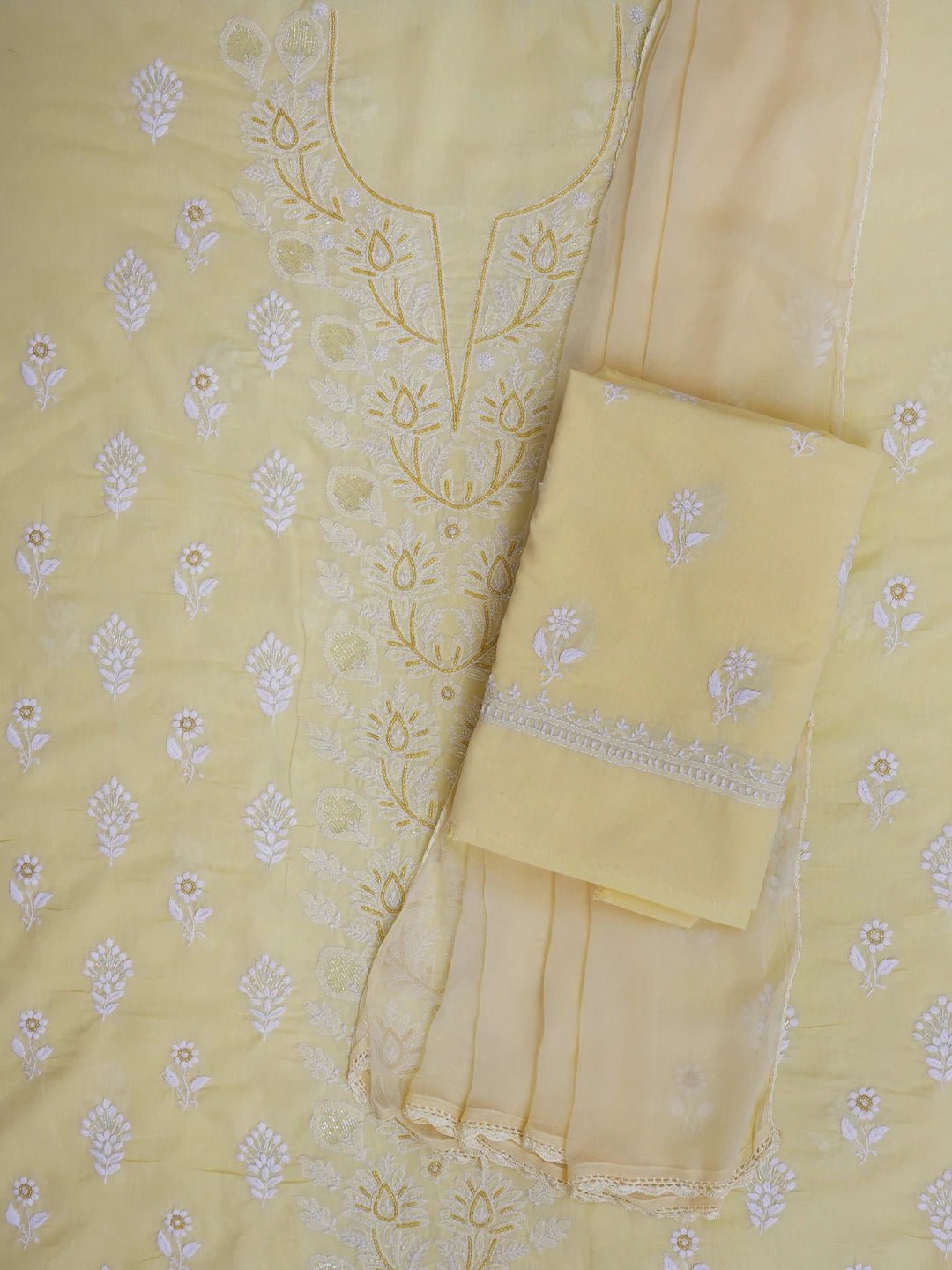 Ada Hand Embroidered Beige Cotton Lucknowi Chikankari Unstitched Suit Piece With Cutdana Work 01A678257