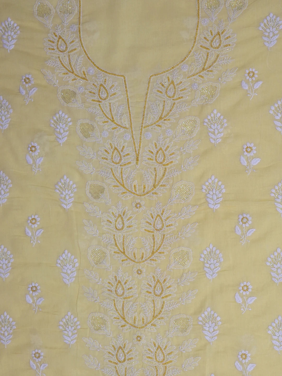 Ada Hand Embroidered Beige Cotton Lucknowi Chikankari Unstitched Suit Piece With Cutdana Work 01A678257