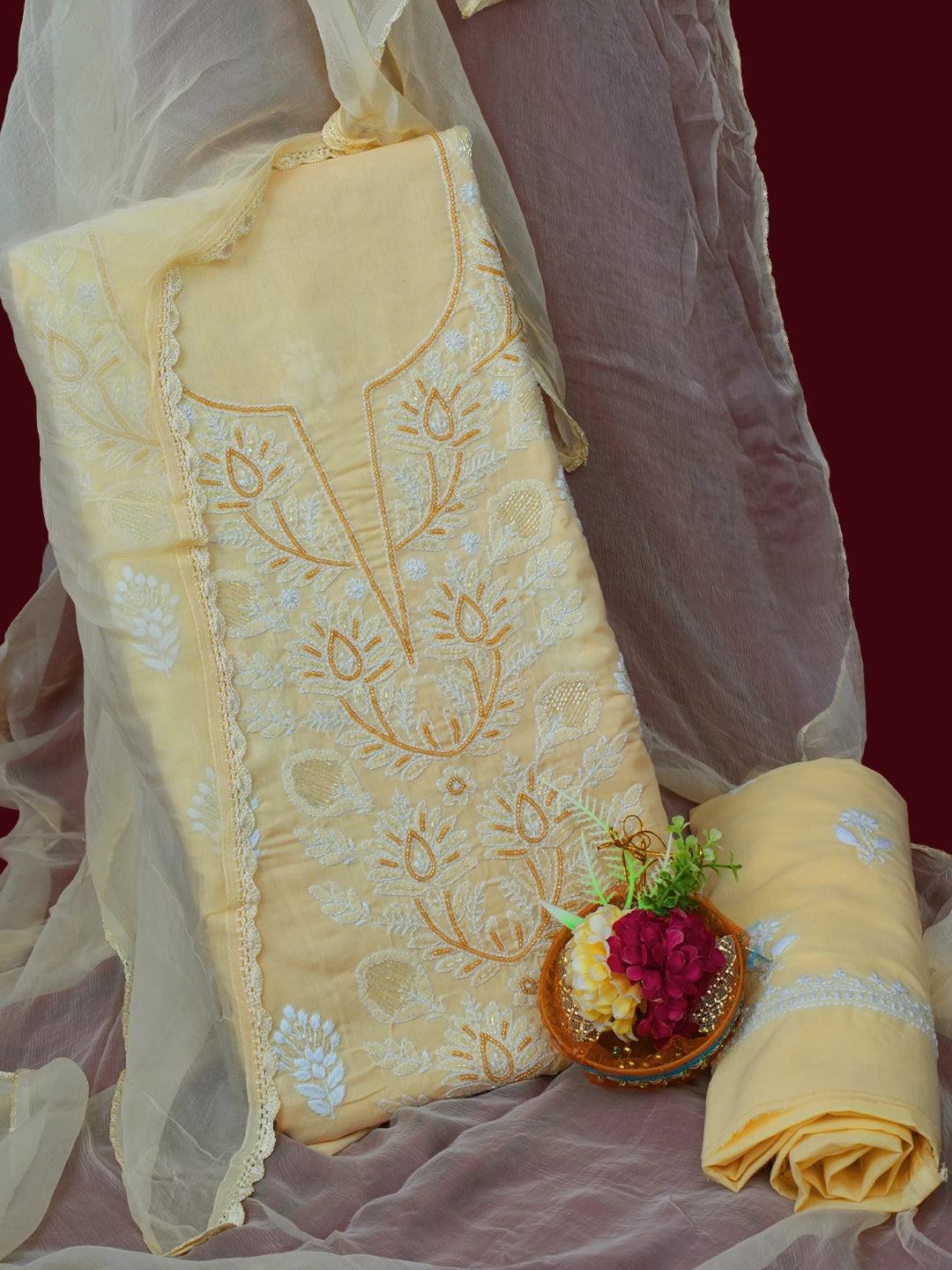 Ada Hand Embroidered Beige Cotton Lucknowi Chikankari Unstitched Suit Piece With Cutdana Work 01A678257