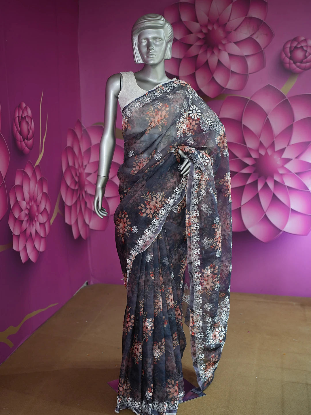 Ada Hand Embroidered Navy Blue Organza Floral Printed Lucknowi Chikankari Saree and Blouse 01A641860