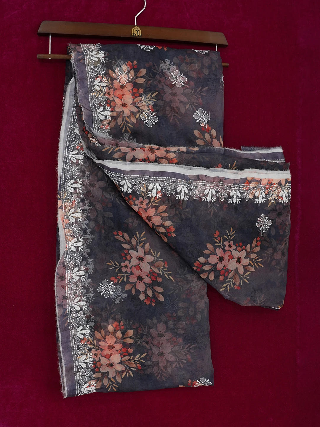 Ada Hand Embroidered Navy Blue Organza Floral Printed Lucknowi Chikankari Saree and Blouse 01A641860