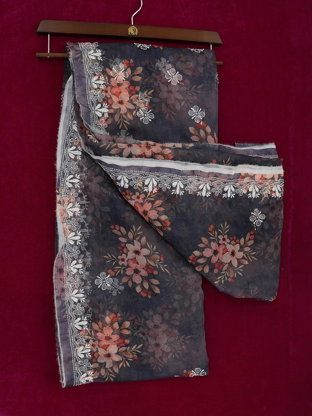 Ada Hand Embroidered Navy Blue Organza Floral Printed Lucknowi Chikankari Saree and Blouse 01A641860