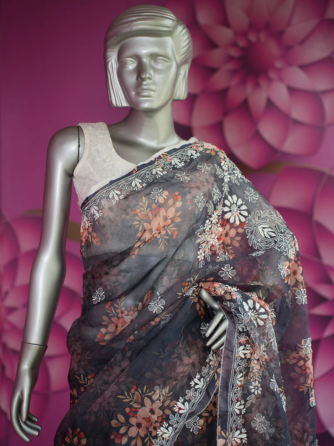 Ada Hand Embroidered Navy Blue Organza Floral Printed Lucknowi Chikankari Saree and Blouse 01A641860