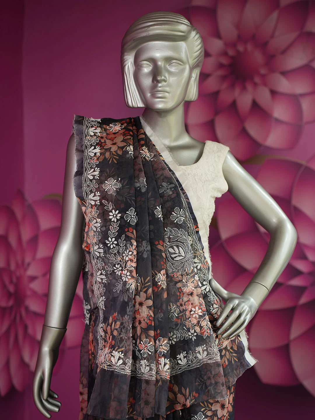 Ada Hand Embroidered Navy Blue Organza Floral Printed Lucknowi Chikankari Saree and Blouse 01A641860