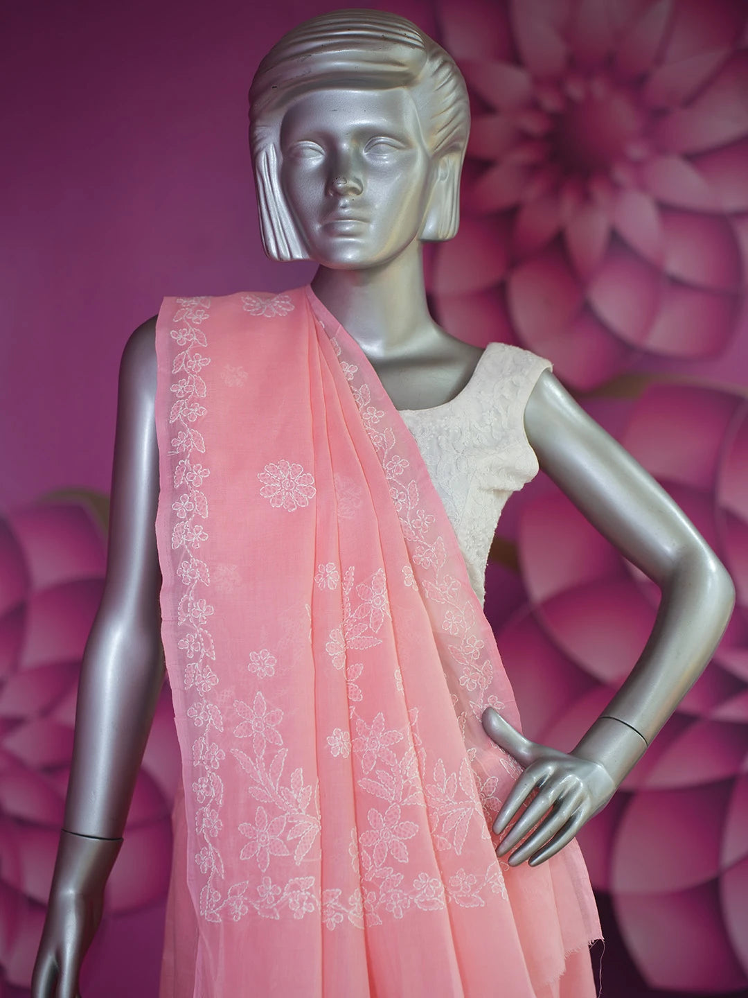 Ada Hand Embroidered Pink Cotton Lucknowi Chikankari Saree and Blouse 01A404748