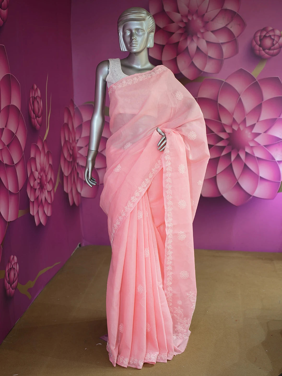 Ada Hand Embroidered Pink Cotton Lucknowi Chikankari Saree and Blouse 01A404748