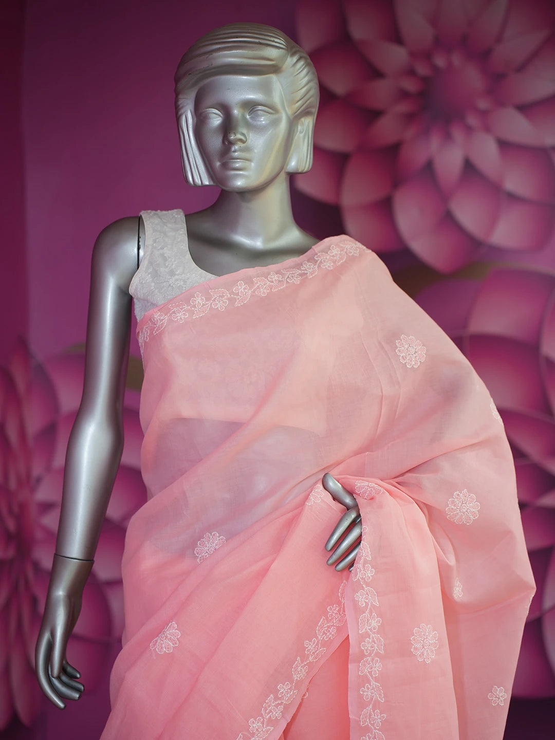 Ada Hand Embroidered Pink Cotton Lucknowi Chikankari Saree and Blouse 01A404748