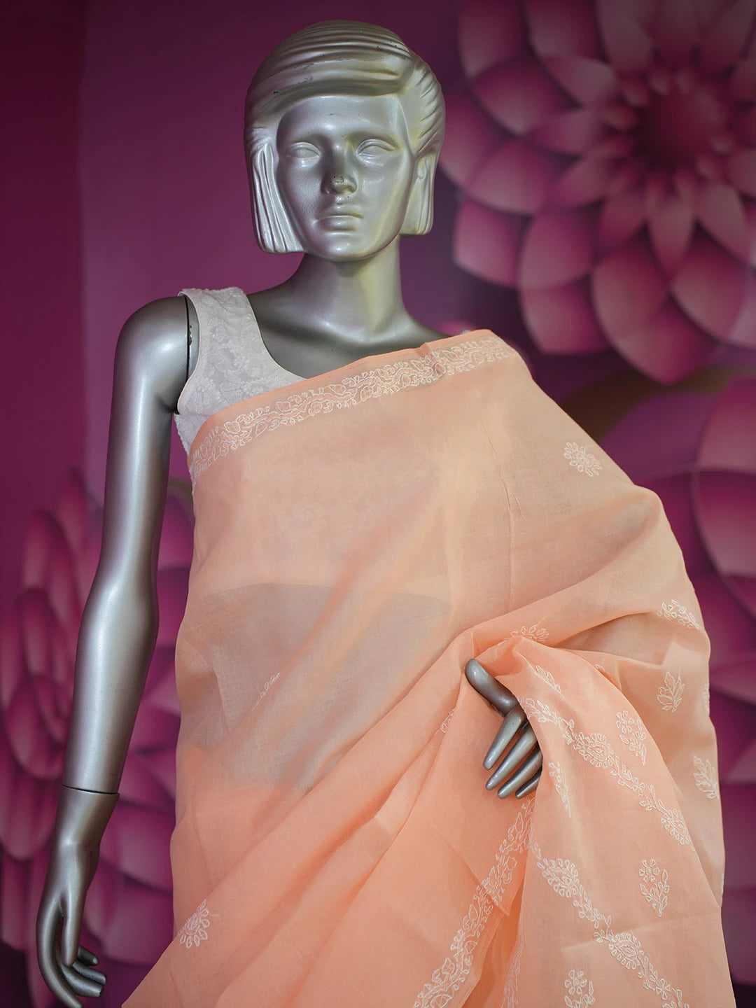Ada Hand Embroidered Creamy Peach Cotton Lucknowi Chikankari Saree With Blouse 01A542999