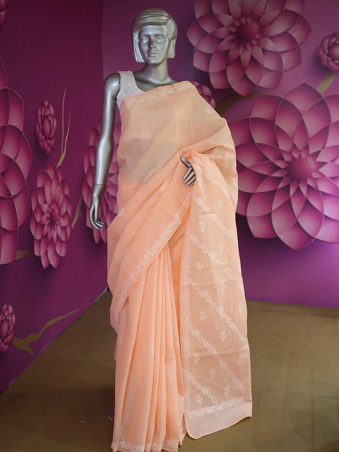 Ada Hand Embroidered Creamy Peach Cotton Lucknowi Chikankari Saree With Blouse 01A542999