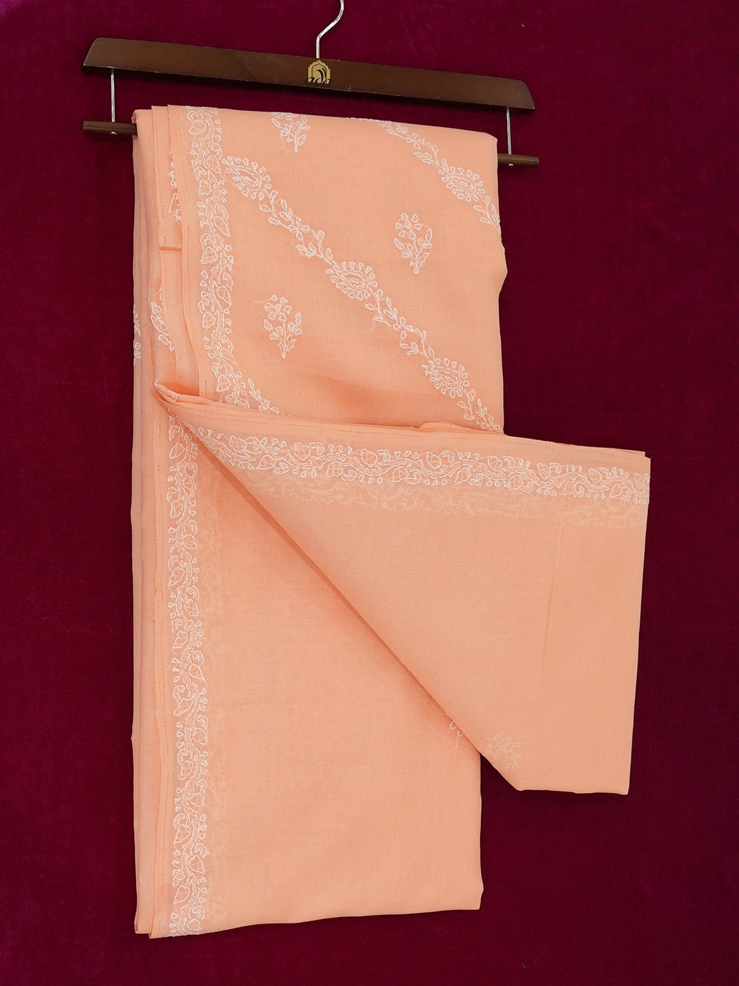 Ada Hand Embroidered Creamy Peach Cotton Lucknowi Chikankari Saree With Blouse 01A542999