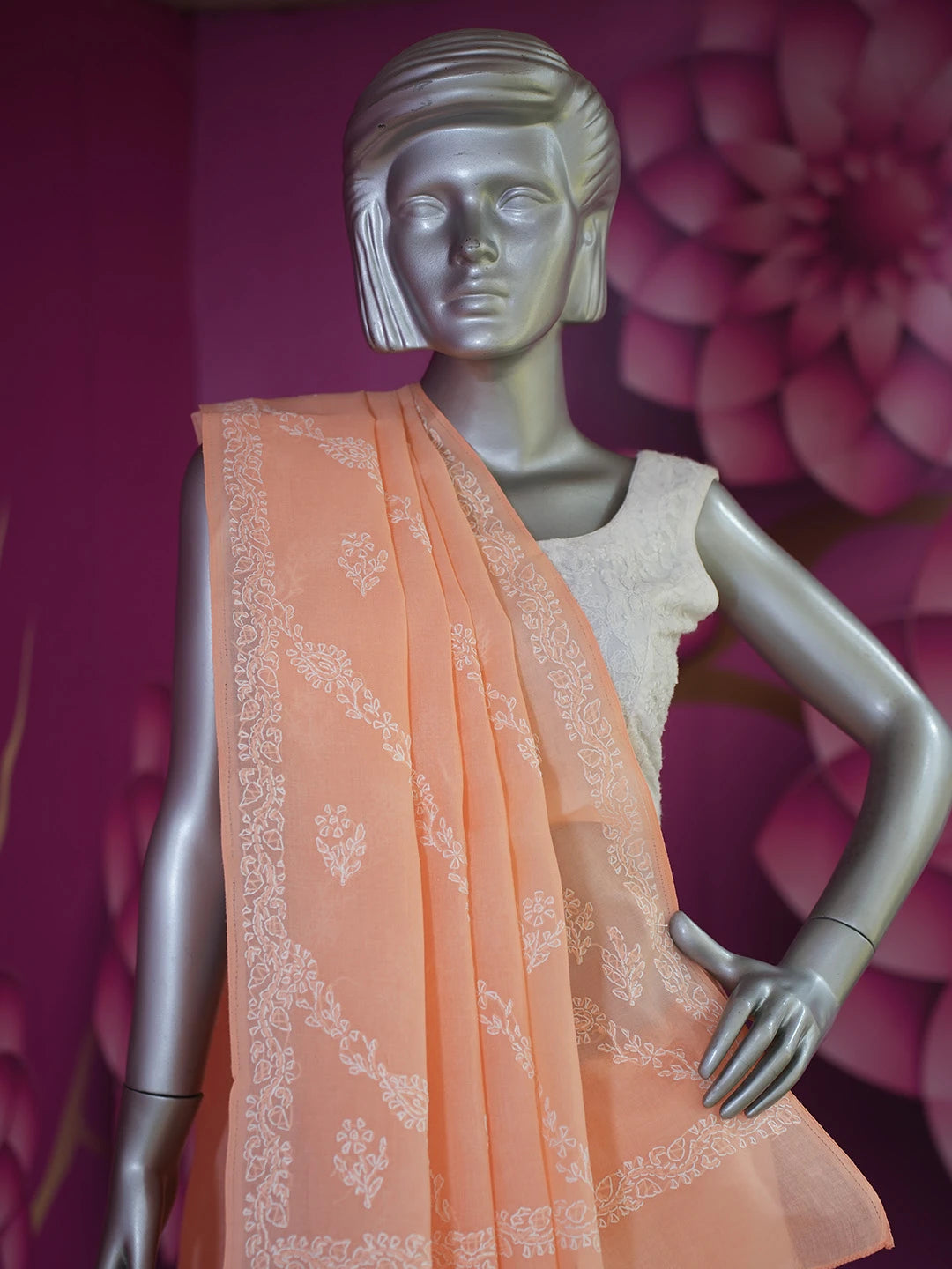 Ada Hand Embroidered Creamy Peach Cotton Lucknowi Chikankari Saree With Blouse 01A542999