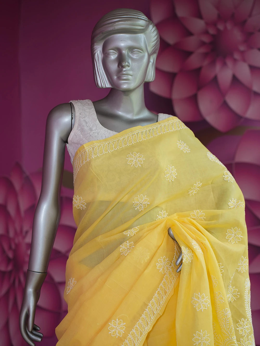 Ada Hand Embroidered Yellow Cotton Lucknowi Chikankari Saree and Blouse 01A560364