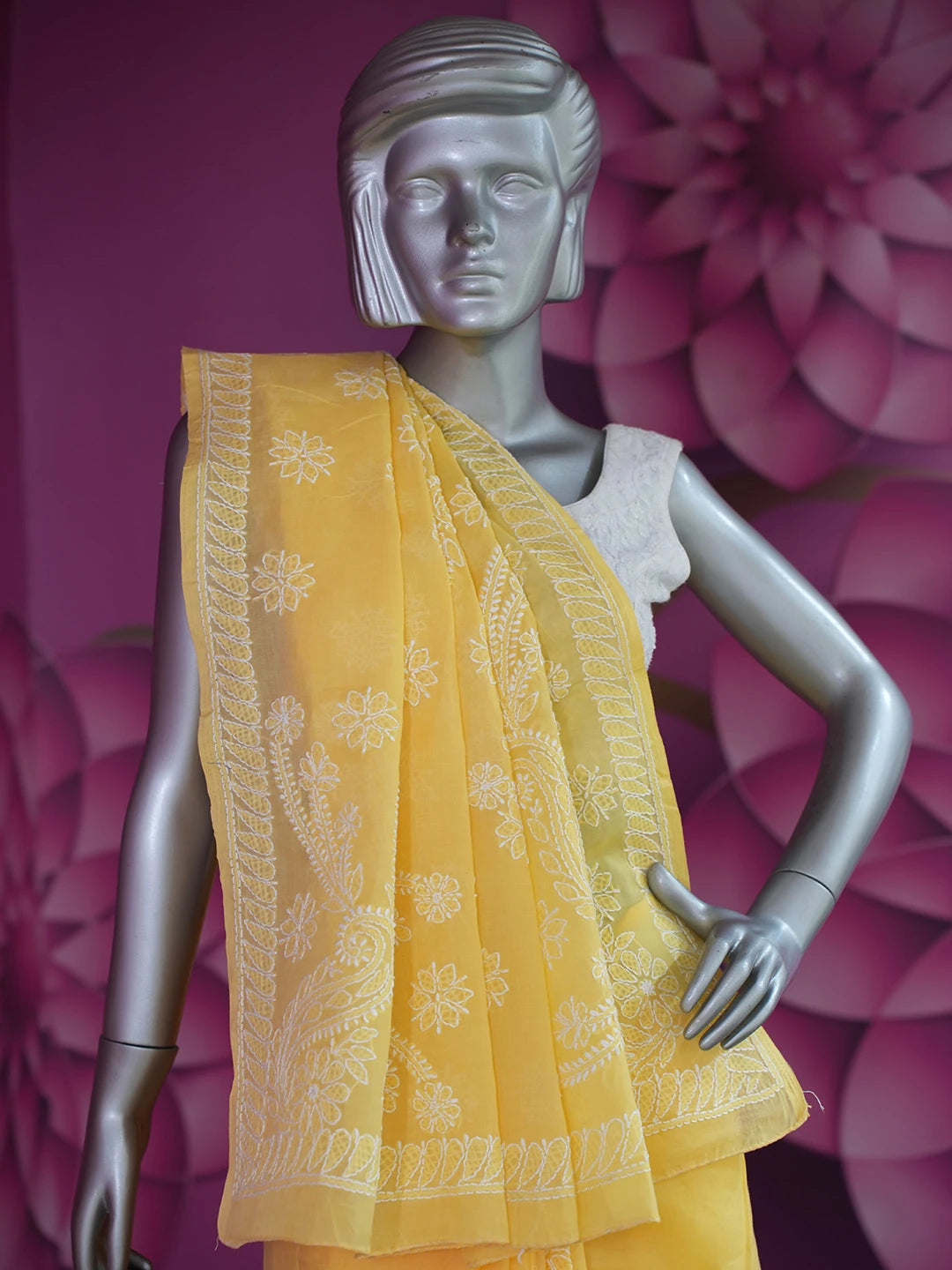 Ada Hand Embroidered Yellow Cotton Lucknowi Chikankari Saree and Blouse 01A560364