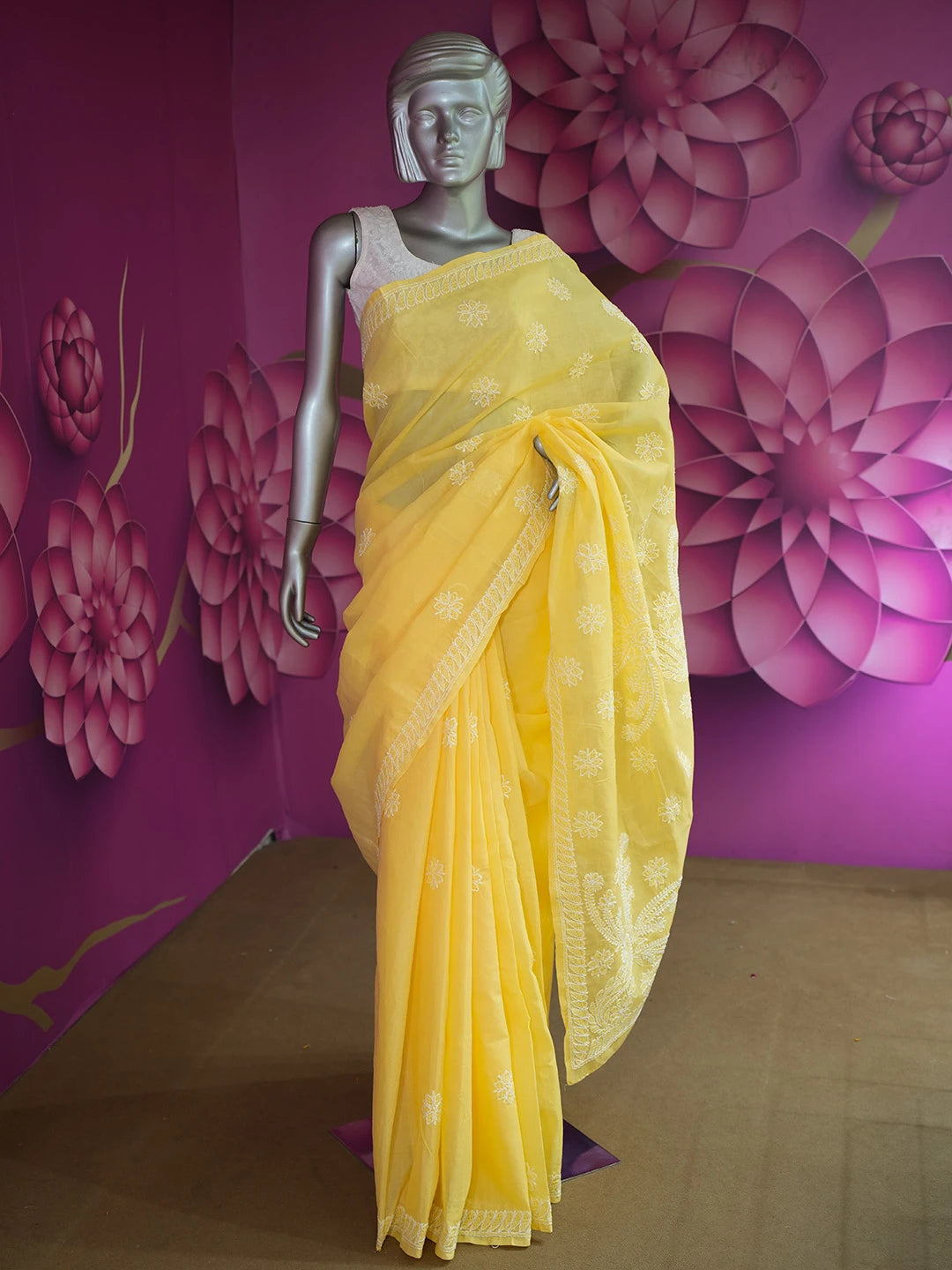 Ada Hand Embroidered Yellow Cotton Lucknowi Chikankari Saree and Blouse 01A560364