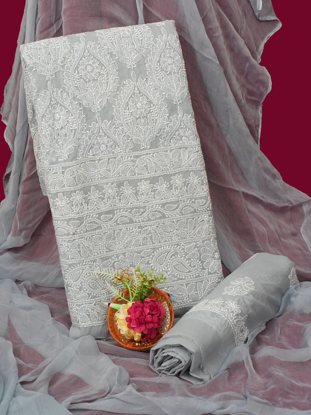 Ada Hand Embroidered Grey Cotton Lucknowi Chikankari Unstitched Suit Piece 01A688475