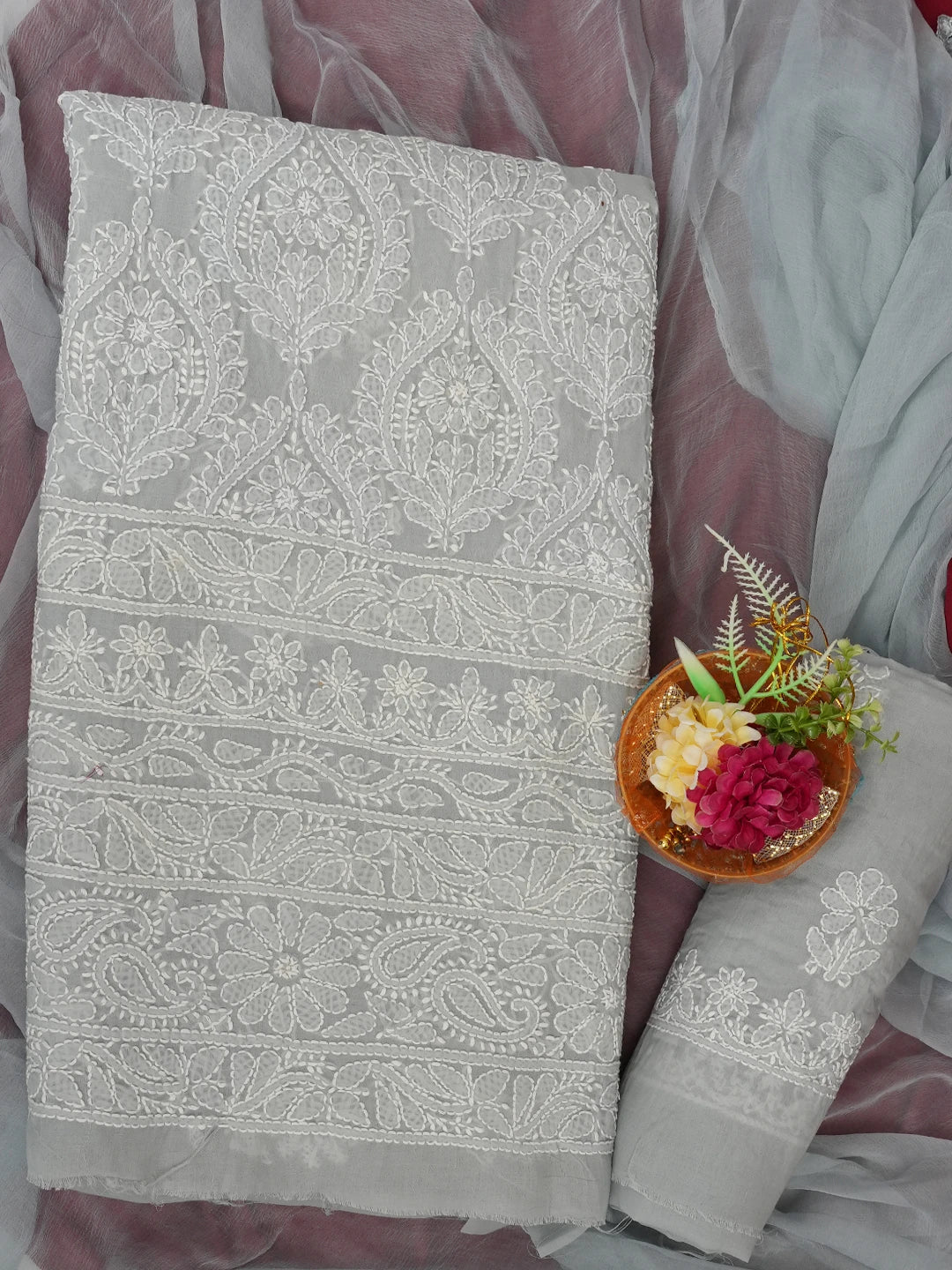 Ada Hand Embroidered Grey Cotton Lucknowi Chikankari Unstitched Suit Piece 01A688475