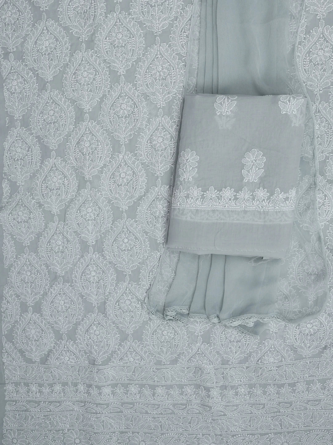 Ada Hand Embroidered Grey Cotton Lucknowi Chikankari Unstitched Suit Piece 01A688475