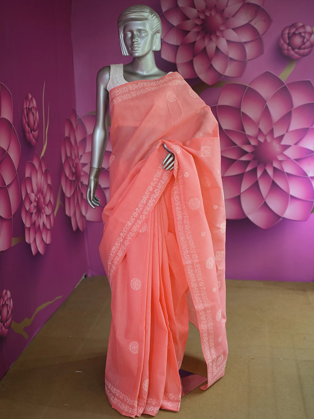 Ada Hand Embroidered Carrot Pink Cotton Lucknowi Chikankari Saree With Blouse 01A563719