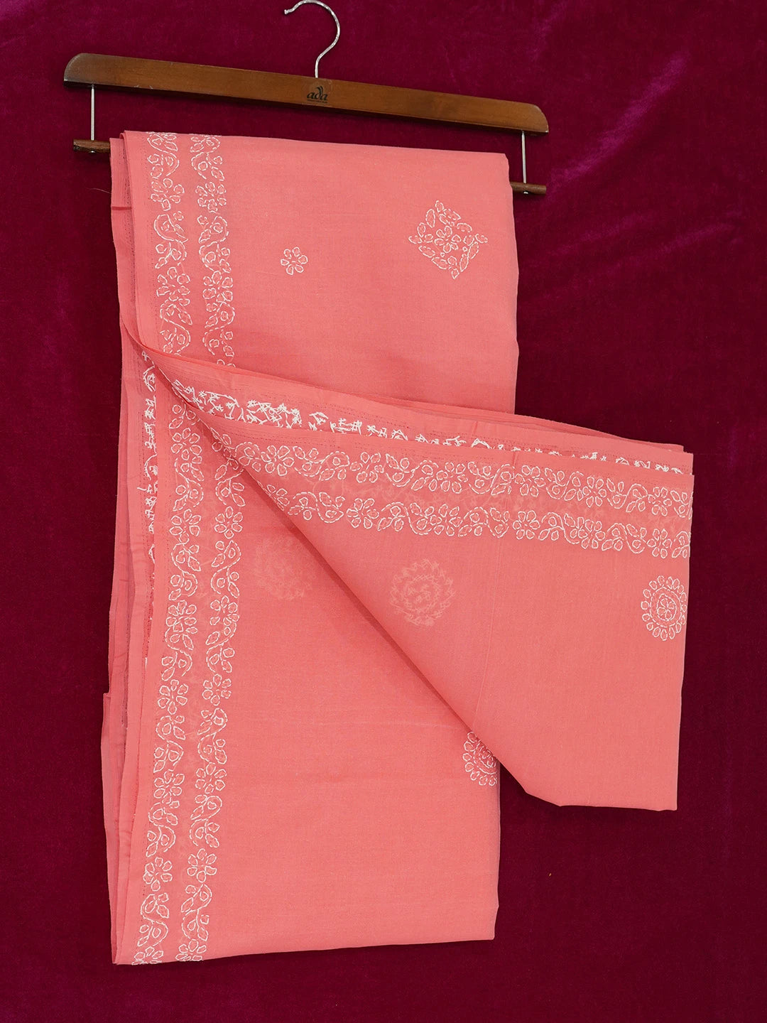 Ada Hand Embroidered Carrot Pink Cotton Lucknowi Chikankari Saree With Blouse 01A563719