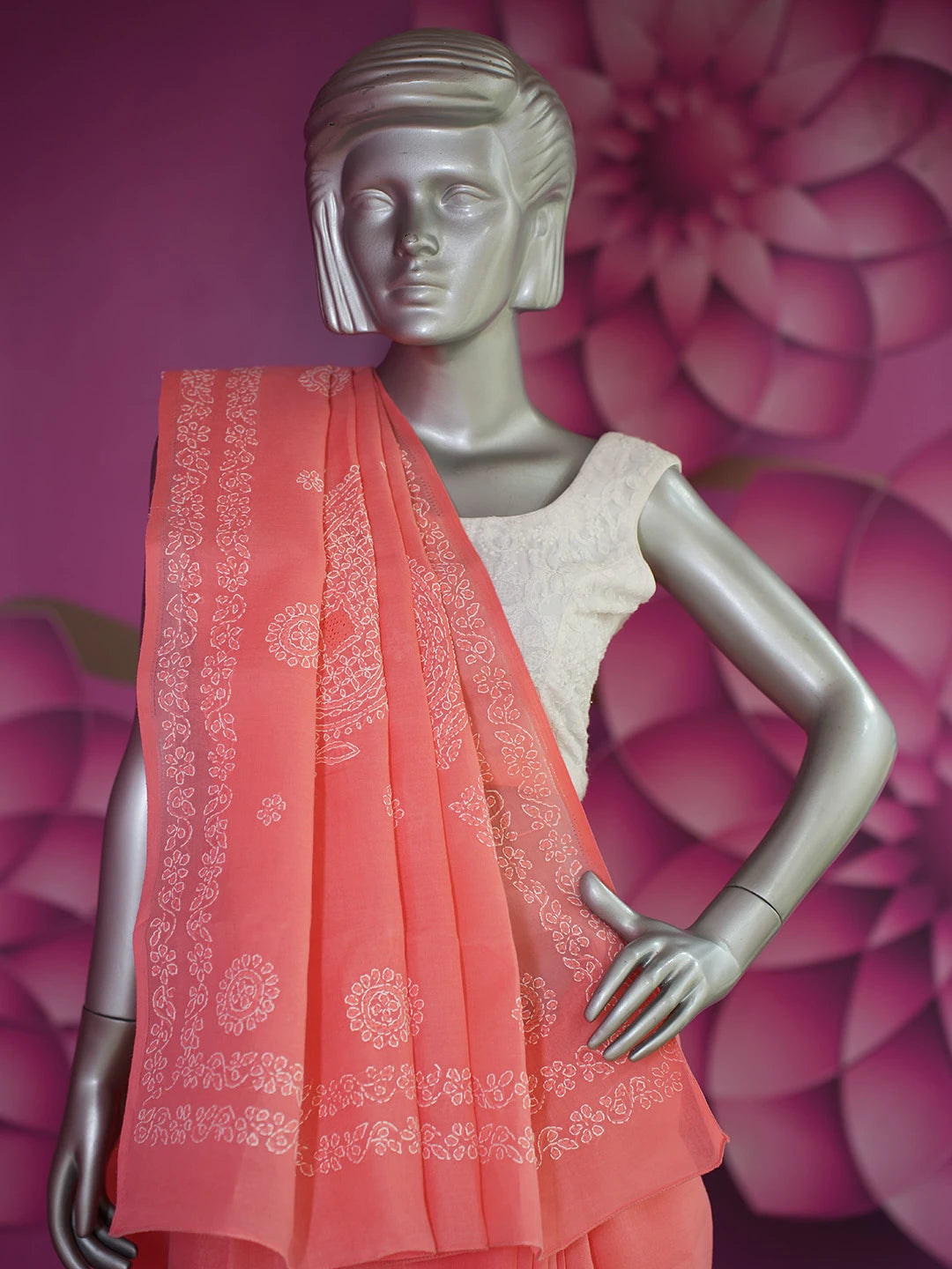 Ada Hand Embroidered Carrot Pink Cotton Lucknowi Chikankari Saree With Blouse 01A563719