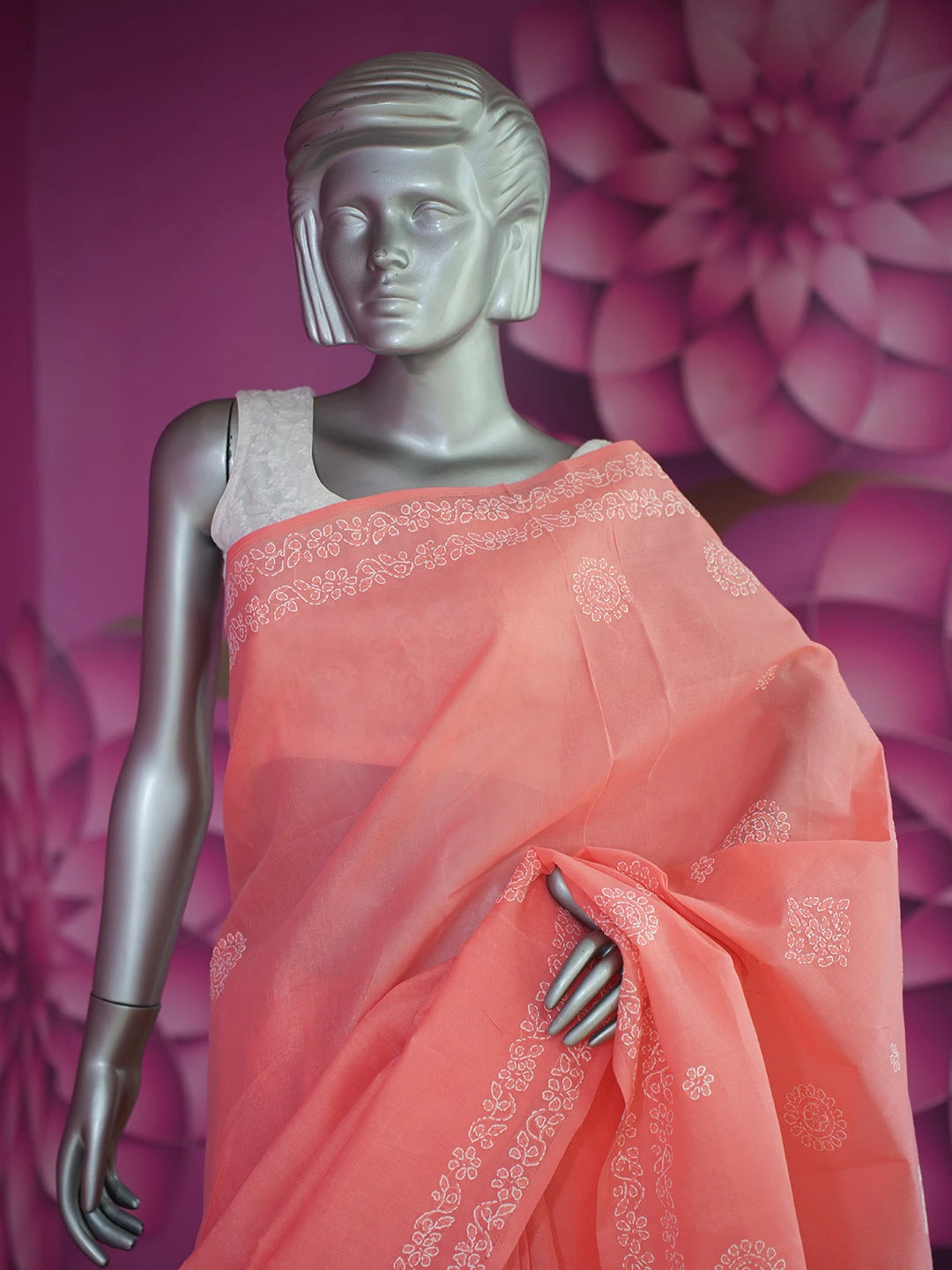 Ada Hand Embroidered Carrot Pink Cotton Lucknowi Chikankari Saree With Blouse 01A563719