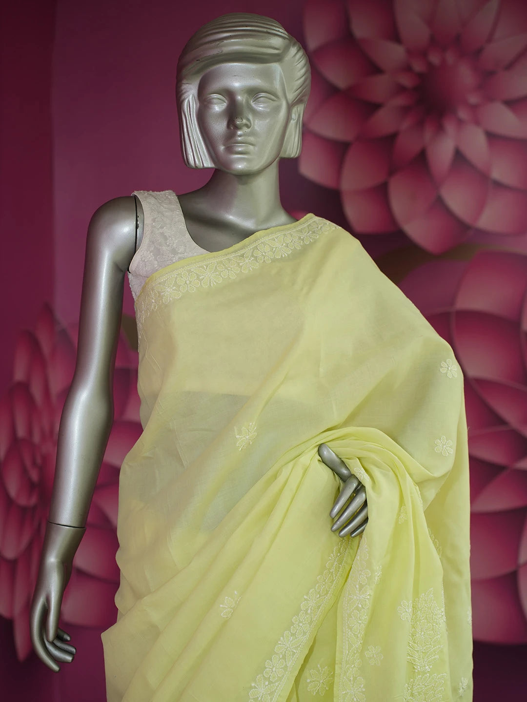 Ada Hand Embroidered Lime Green Cotton Lucknowi Chikankari Saree and Blouse 01A577524