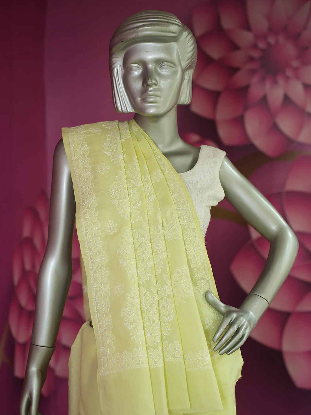 Ada Hand Embroidered Lime Green Cotton Lucknowi Chikankari Saree and Blouse 01A577524